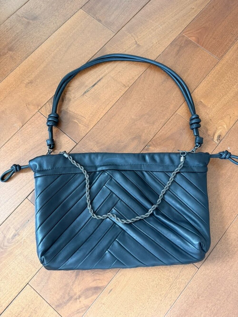 DKNY Black Leather Chevron Shoulder Bag Braided Chain Y2K Hobo Purse NWOT